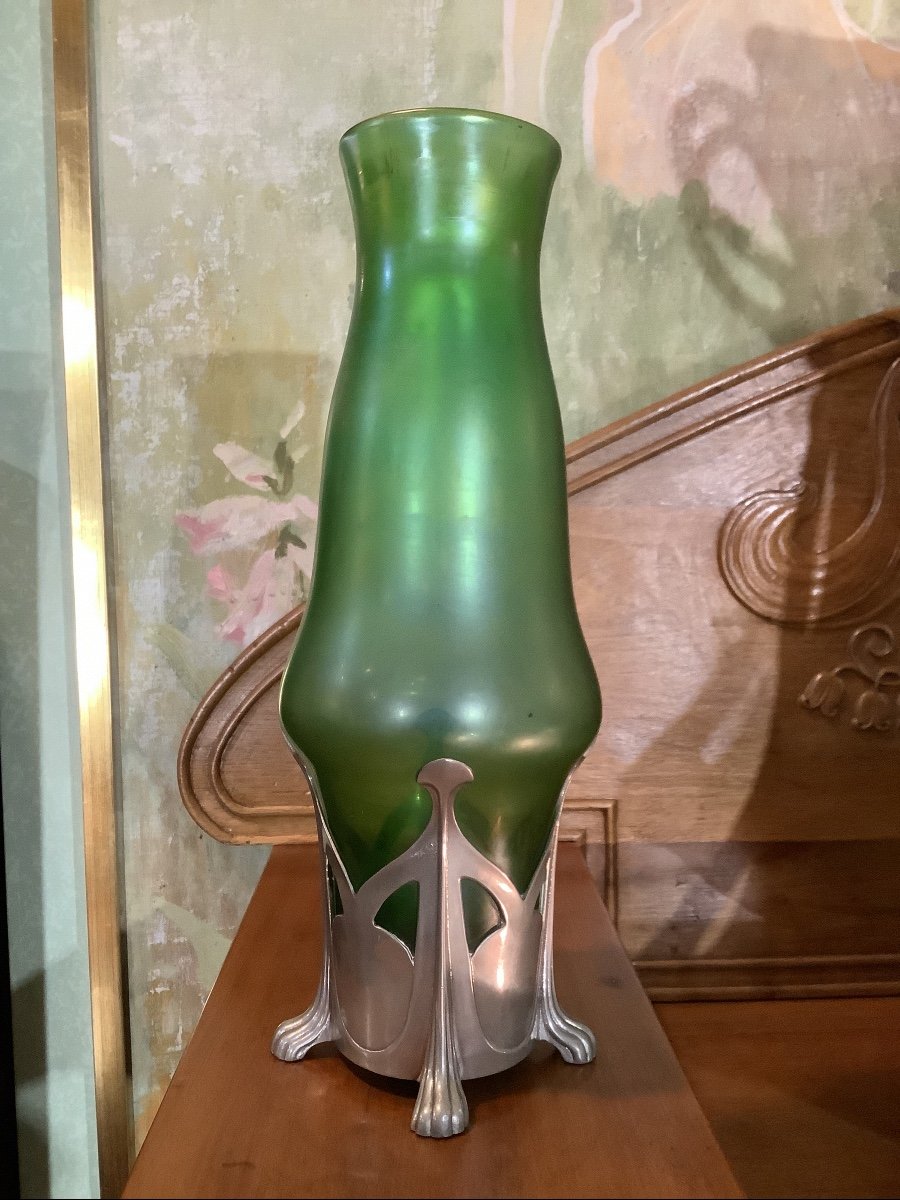 Green Iridescent Glass Vase With Silver Metal Frame, Height 29 Cm. Loetz Austria, 1900s